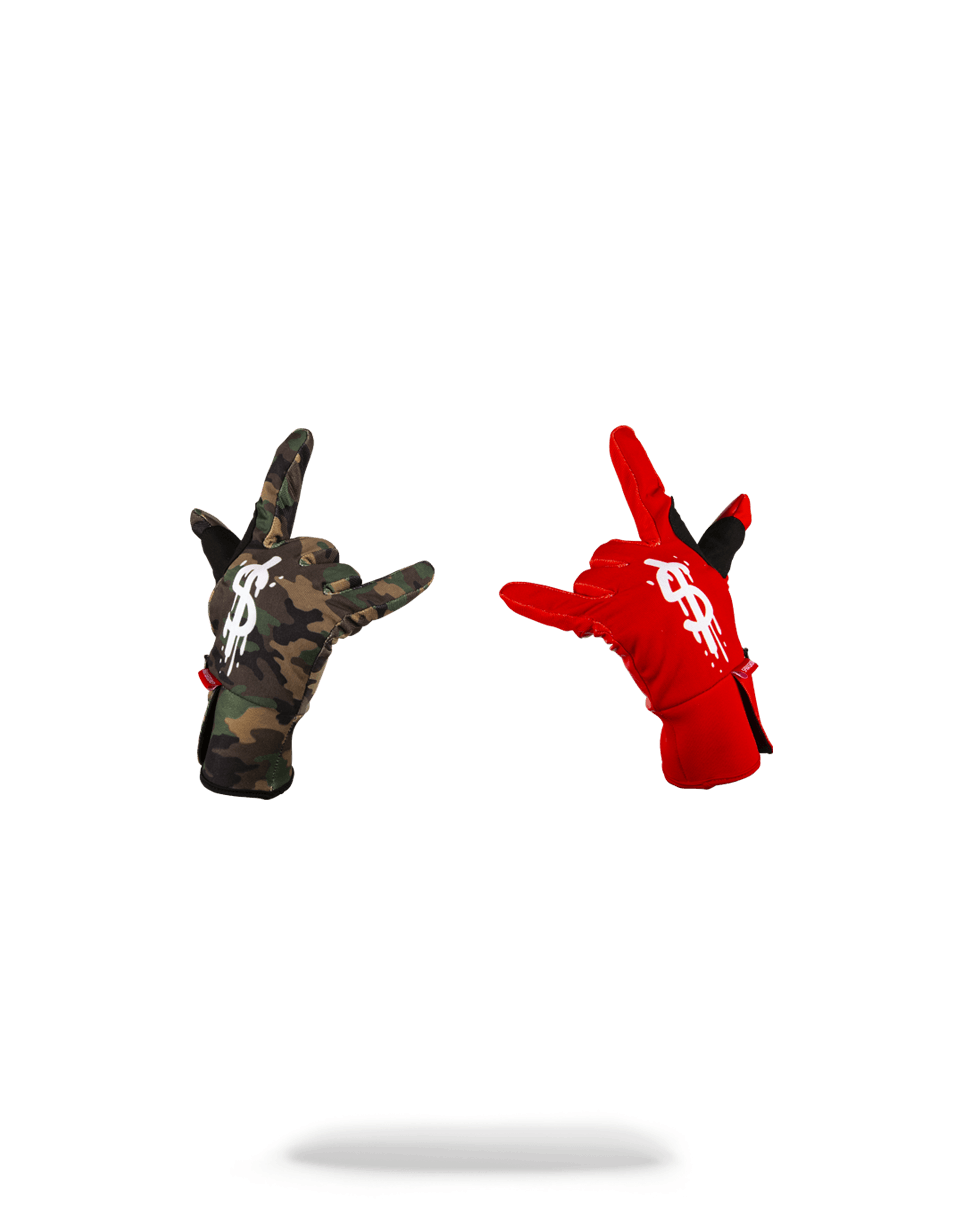 LEFT RED / RIGHT CAMO MONEY DRIPS GLOVES